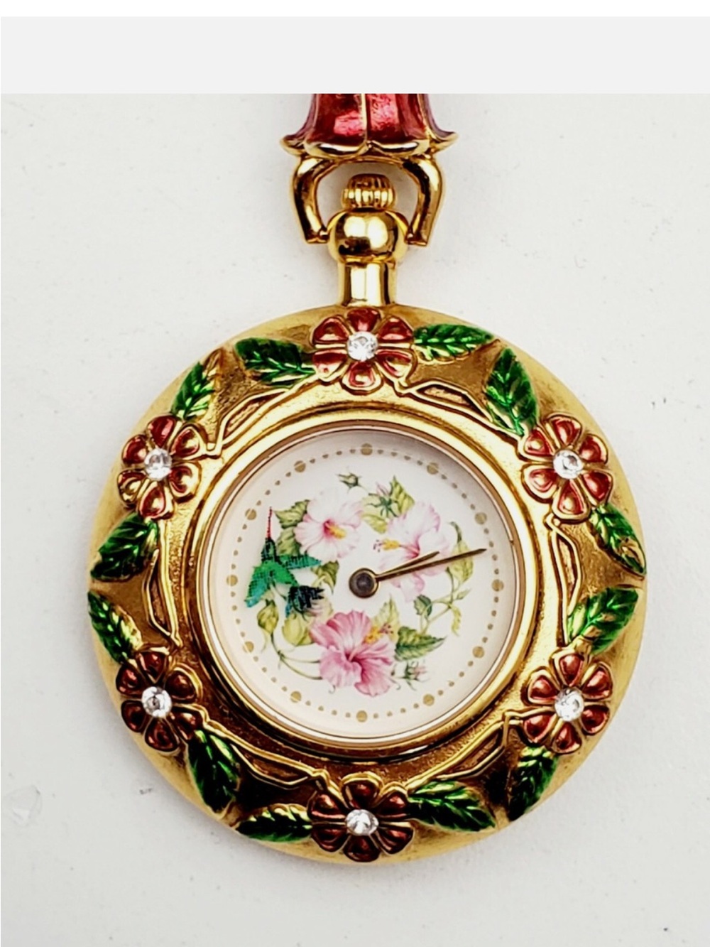 Like New Vintage Franklin Mint 24K Gold Floral Pendant Watch Necklace Pink Green